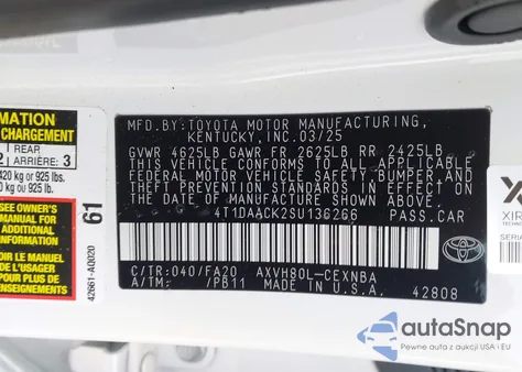 2025 Toyota Camry Le из США, поврежденный, VIN 4T1DAACK2SU136266